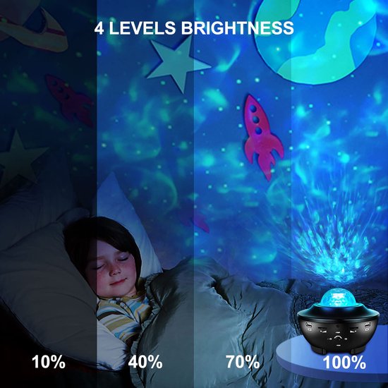 Een jongen slaapt in bed, verlicht door een sterrenprojector. De projectie toont 4 helderheidsniveaus: 10%, 40%, 70%, 100%. De projector staat op een nachtkastje.