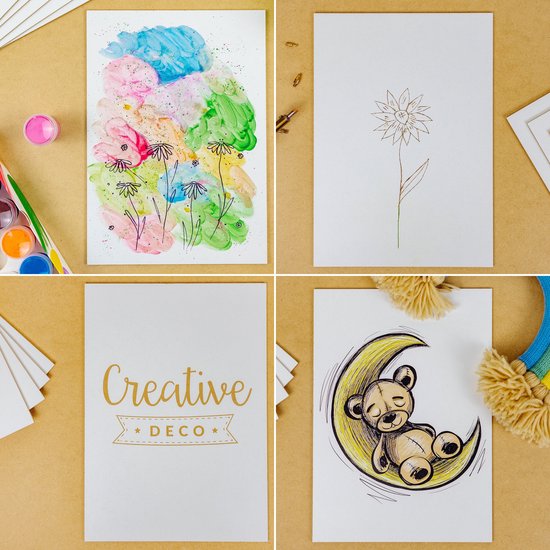 Vier afbeeldingen: hand schildert aquarel, MDF plaat met laser gesneden bloem, "Creative Deco" logo, teddybeer op maan.