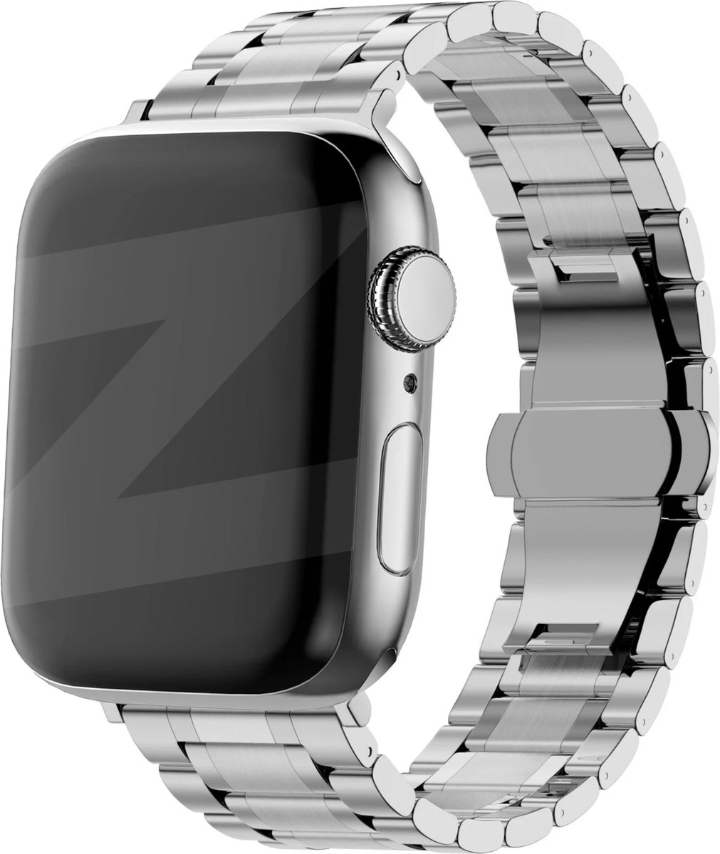 Bandz Stalen schakel band Deluxe geschikt voor Apple Watch 1/2/3/4/5/6/8/9/10/11/SE(2-3)/Ultra(2-3) - maat: 44mm / 45mm / 46mm / 49mm - Hoogwaardig stalen materiaal smartwatch bandje - Inclusief inkortset - zilver metalen Apple Watch bandje