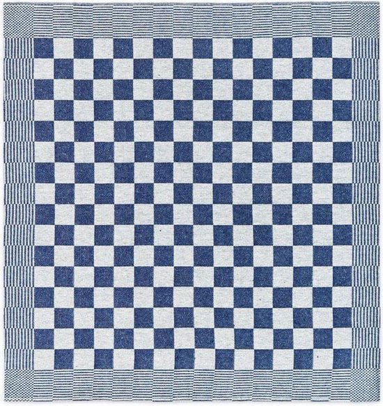 Blauw-witte theedoek met een geblokt patroon en streepjesrand.
