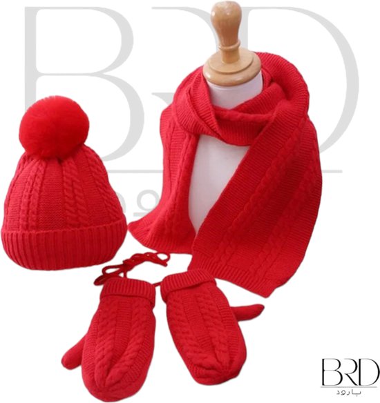 BRD® Winter | set voor kinderen Rood - gevoerde muts, sjaal en handschoenen wanten met touw - kind winterset gebreid gevoerd met pompon - 3 delige set