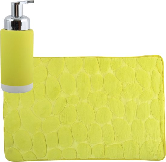 MSV badkamer droogloop mat/tapijt Kiezel motief - 50 x 80 cm - zelfde kleur zeeppompje 260 ml - limegroen