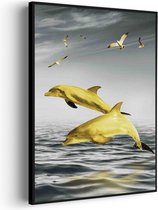 Akoestisch Schilderij Springende Dolfijnen Goud 01 Rechthoek Verticaal Pro XXL (107 X 150 CM) - Akoestisch paneel - Akoestische Panelen - Akoestische wanddecoratie - Akoestisch wandpaneel