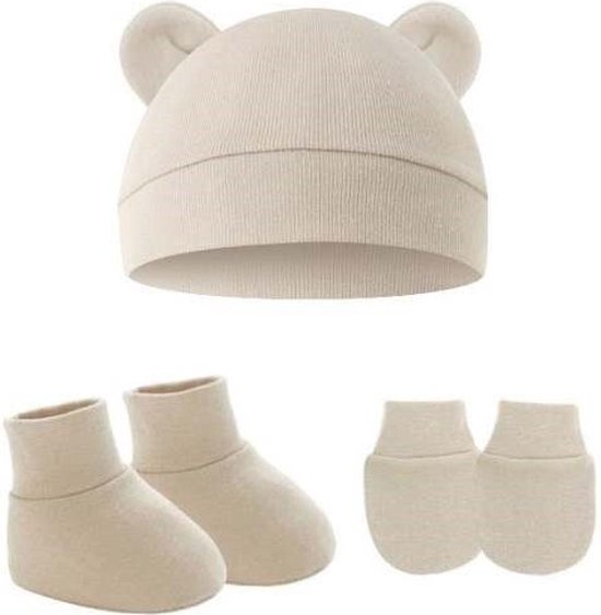 2 Setjes - Baby Newborn Muts, Krabwantjes en Slofjes - Beervorm Beige en Wit - MINIIYOU