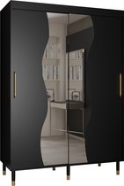 Zweefdeurkast met spiegel Kledingkast met 2 schuifdeuren Garderobekast slaapkamerkast Kledingstang met planken | elegante kledingkast, glamoureuze stijl (LxHxP): 150x208x62 cm - CAPS MAD (Zwart, 150 cm) met lades