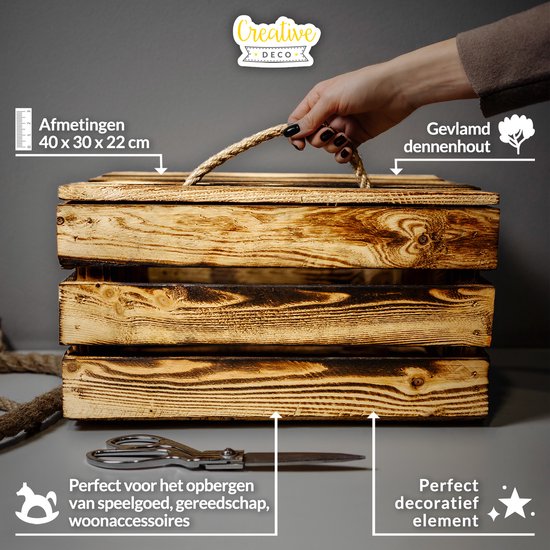Creative Deco Caja de Madera Flameada con Tapa Grande | 40 x 30 x 22 cm
