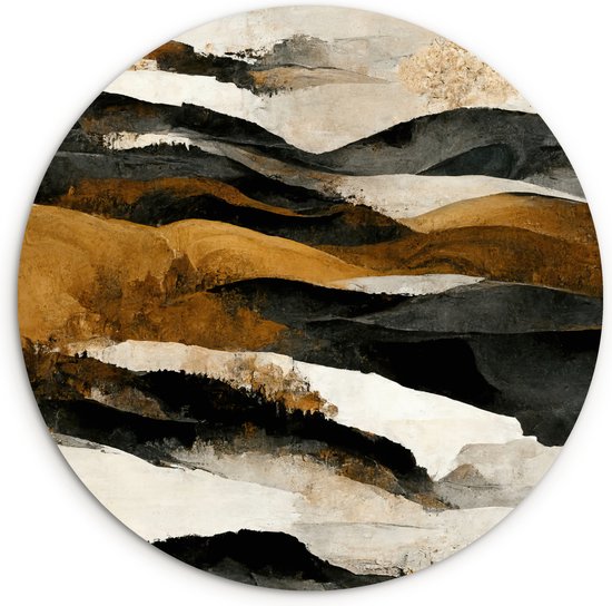 WallCircle - Wandcirkel 150x150 - Kunst - Landschap - Bergen - Zwart - Wit - Beige - Ronde schilderijen woonkamer - Wandbord rond - Muurdecoratie cirkel - Kamer decoratie binnen - Wanddecoratie muurcirkel - Woonaccessoires