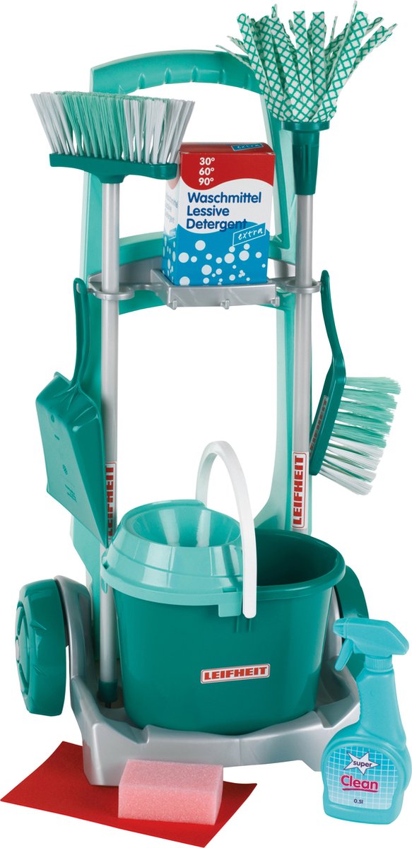 Klein Toys Leifheit speelgoedbezemwagen - dweil, emmer met opzetstuk, bezem, stoffer en blik - incl. schoonmaak accessoires - blauw groen - Klein