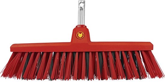 WOLF Garten straatbezem met brede rode borstels en een rood handvat. Wolf-Garten logo.