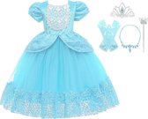 Prinsessenjurk meisje - Blauw - Verkleedjurk - maat 134/140 (140) + Kroon - Toverstaf - Juwelen - Handschoenen - Verjaardag - Kleed - Cadeau - Speelgoed