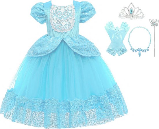Prinsessenjurk meisje - Blauw - Verkleedjurk - maat 134/140 (140) + Kroon - Toverstaf - Juwelen - Handschoenen - Verjaardag - Kleed - Cadeau - Speelgoed