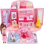 Draagbaar Roze Poppenhuis Speelgoed - 2-in-1 met Licht en Muziek - Fantasiespelset voor Kinderen - Inclusief Accessoires, Draagkoffer en Pop – Roze Poppenhuis