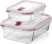 Set van 2 Cook&Eat lunchboxen (0,64 l en 1,5 l), glas, luchtdicht, clipdeksel, BPA-vrij, magnetron, oven, vriezer en vaatwasserbestendig, rode kleur