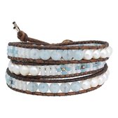 Bela Donaco Wrap Bracelet Classic B6 - Perles blanches - Aquamarijn - Cuir vintage - Verre tchèque - Argent Sterling