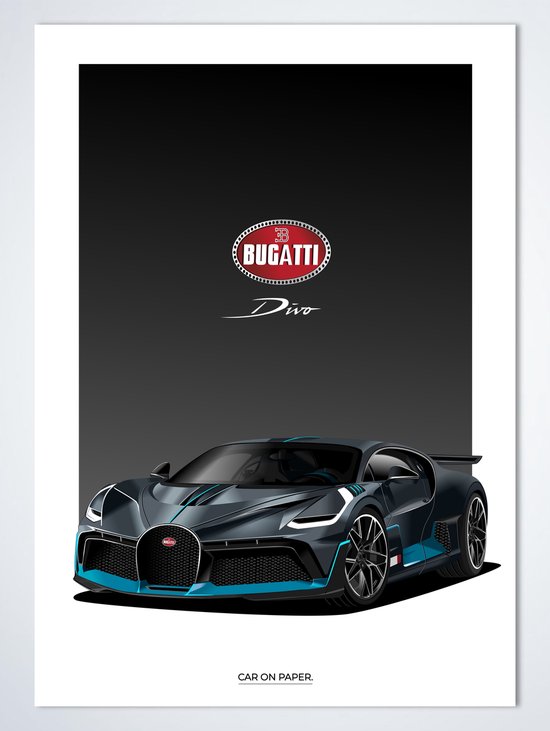 Bugatti Divo Zwart op Poster - 50 x 70cm - Auto Poster Kinderkamer / Slaapkamer / Kantoor