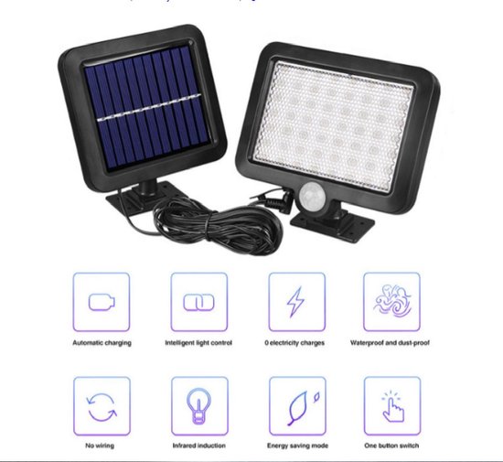 BENMA Zonnelampen – 56 LEDs, 120°, Bewegingssensor, IP65 Waterdicht – Met Apart Zonnepaneel & 5 Meter Kabel – Voor Tuin, Oprit & Garagedeur!