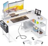 L-vormig bureau met USB-oplaadpoort en stopcontact, hoekbureau, gaming met planken, omkeerbaar, L-vormige computertafel met monitorstandaard voor kantoor, thuiskantoor (120 x 80 x 88 cm, wit)