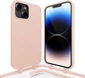 Coverzs siliconen hoesje met koord geschikt voor de iPhone 15 - Telefoonhoesje met afneembaar telefoonkoord - Stevig siliconen hoesje - iPhone 15 hoesje met telefoonkoord (roze)