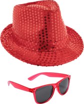 Carnaval verkleed setje - glitter pailletten hoedje en party zonnebril - rood - volwassenen