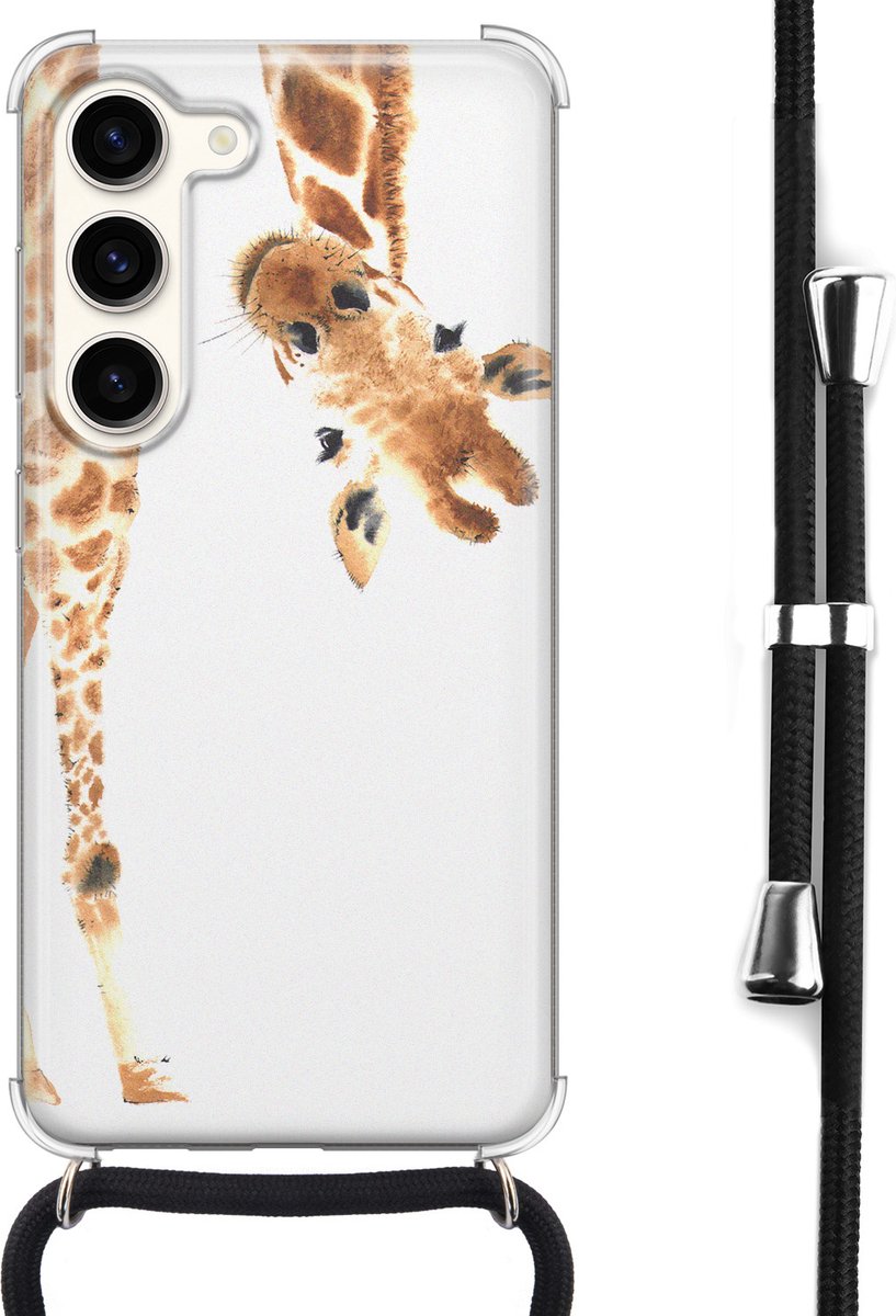 Hoesje met koord - Geschikt voor Samsung Galaxy S23 - Giraffe - Verstelbaar zwart koord - Crossbody - Giraffe - Bruin, Transparant - Leuke Telefoonhoesjes