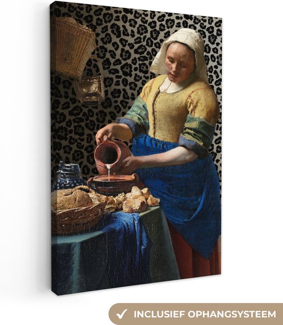 Canvas Schilderij Melkmeisje - Kunst - Panterprint - Vermeer - Schilderij - Oude meesters - 40x60 cm - Wanddecoratie