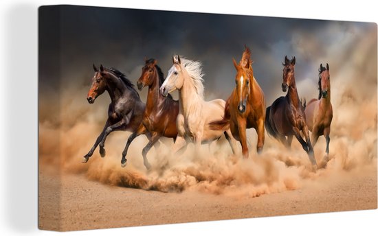 Canvas Schilderij Paarden - Dieren - Zand - Stof - 80x40 cm - Wanddecoratie