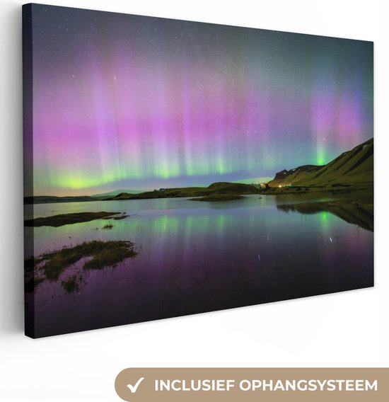 Canvas Schilderij Noorderlicht - IJsland - Paars - 90x60 cm - Wanddecoratie