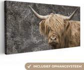 Canvas Wereldkaart - 80x40 - Wanddecoratie Schotse hooglander - Wereldkaart - Dieren