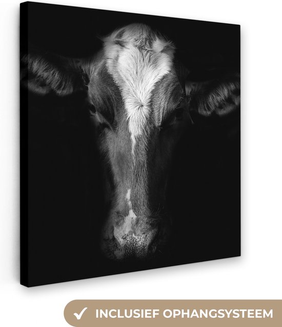 Canvas Schilderij Portretfoto koe op zwarte achtergrond in zwart-wit - 50x50 cm - Wanddecoratie