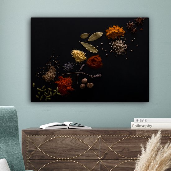 Canvas Schilderij Kruiden - Zwart - Specerijen - Keuken - Koken - 80x60 cm - Wanddecoratie