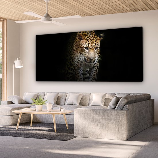 Canvas schilderij 160x80 cm - Wanddecoratie Luipaard - Reflectie - Zwart - Muurdecoratie woonkamer - Slaapkamer decoratie - Kamer accessoires - Schilderijen op canvas