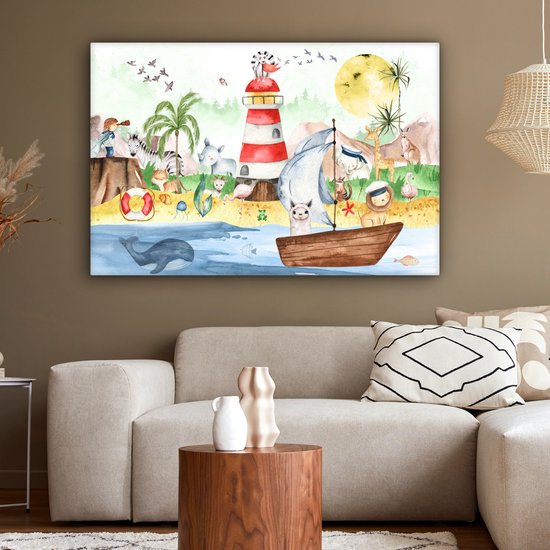 Toile - Chambre d'enfant - Enfant - Phare - Plage - Mer - Animaux - Bateau - Peinture sur toile - Toile canvas - 120x80 cm