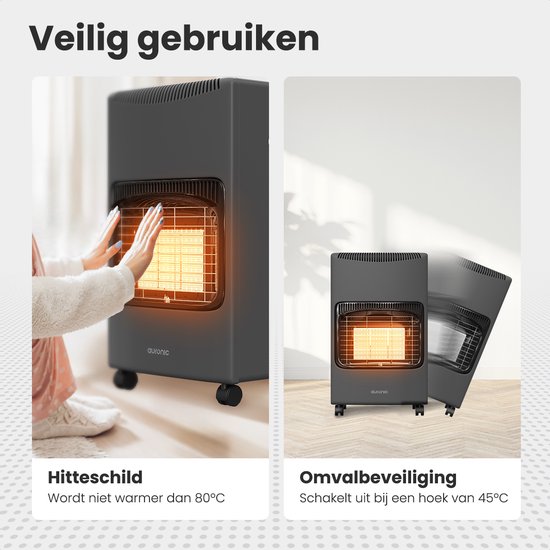 Links: handen bij een werkende gaskachel. Rechts: twee gaskachels, één voor, één schuin van de zijkant.