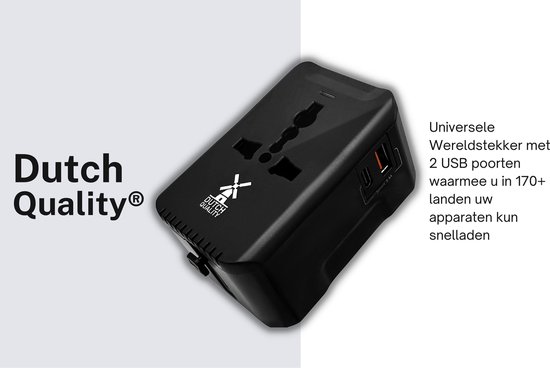 Dutch Quality® Universele Wereldstekker Zwart - Reisstekker geschikt voor 170+ Landen - Met USB-C & USB-A Poorten - Internationale Reisadapter - Dutch Quality