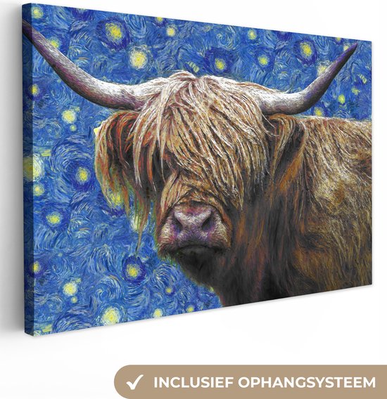 Wanddecoratie - Van Gogh - Sterrennacht - Schotse hooglander - Canvas Schilderij - 150x100 cm