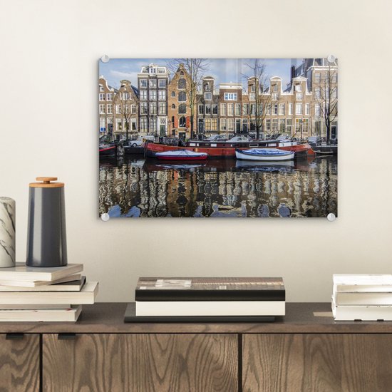 Peinture sur Verre - Une Péniche Rouge dans le Canal d'Amsterdam - 30x20 cm - Peintures sur Verre Peintures - Photo sur Glas