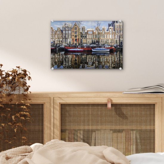 Peinture sur Verre - Une Péniche Rouge dans le Canal d'Amsterdam - 30x20 cm - Peintures sur Verre Peintures - Photo sur Glas