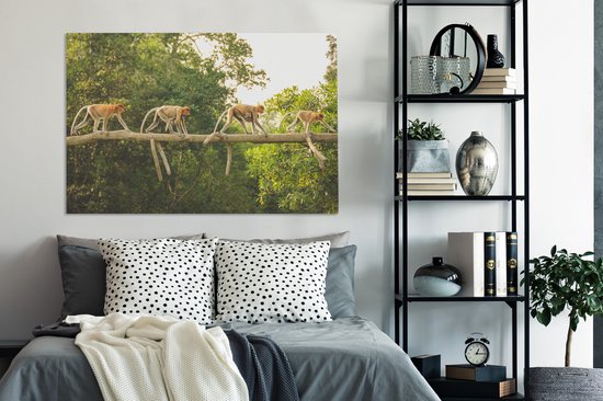 Quatre singes marchant sur toile branche 2cm 140x90 cm - Tirage photo sur toile (Décoration murale salon / chambre) / Animaux sauvages Peintures sur toile