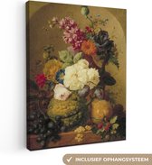 Canvas Schilderij Stilleven van vruchten en bloemen in een nis - Schilderij van G.J.J Van Os - 30x40 cm - Wanddecoratie