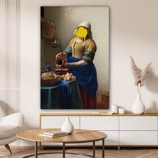Traité du vieux maître Johannes Vermeer avec une goutte de peinture jaune 90x140 cm - Tirage photo sur toile (Décoration murale salon / chambre)