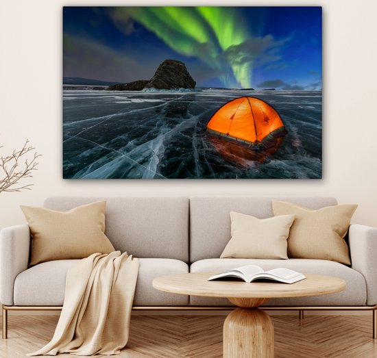 Tente sur la glace sous les aurores boréales toile 2cm 140x90 cm - Tirage photo sur toile (Décoration murale salon / chambre) / Phénomènes naturels Peintures sur toile
