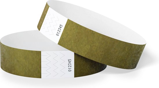 Deux bracelets Tyvek dorés, 25 mm de large, avec impression blanche.
