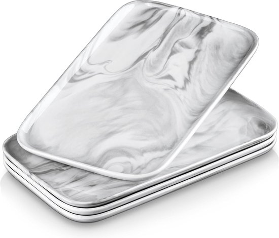 assiette de service en porcelaine, lot de 4 plateaux, assiette de service rectangulaire grande pour buffets, sushis, gâteaux, collations à la maison/au restaurant, 30 x 18 cm gris marbre