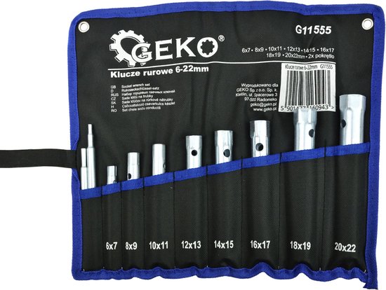 Een 10-delige GEKO buissleutelset (6-22mm) in een zwarte opberghoes met blauwe rand, met de maten 6x7 tot 20x22.