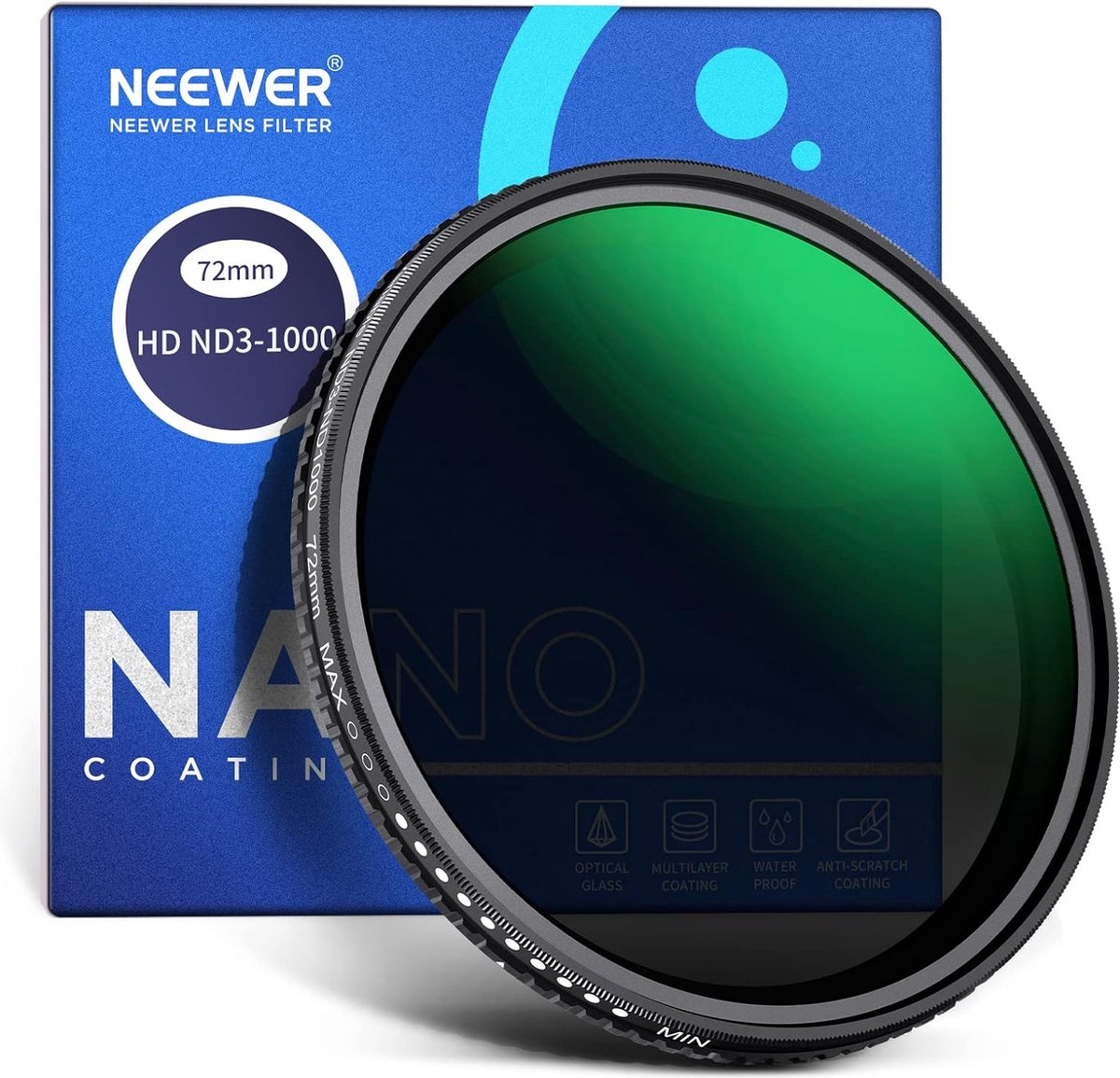 Neewer® - 72mm Variabele ND-filter ND3-ND1000, 1.5-10 Beperkte Stops Neutral Density-filter met HD Optisch Glas & Dubbelzijdige 30 Laag Nano Coatings, Waterbestendig/Krasbestendig/Aluminium Frame