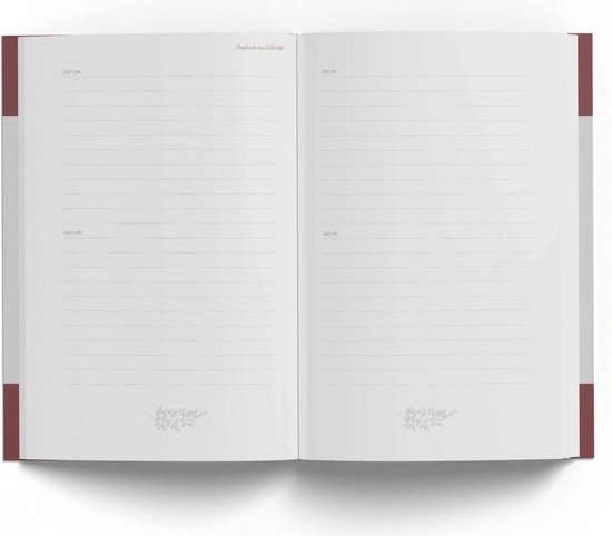 Open dagboek met lege, gelijnde pagina's met datumvakken. De pagina's bevatten een kleine bloemenillustratie aan de onderkant.