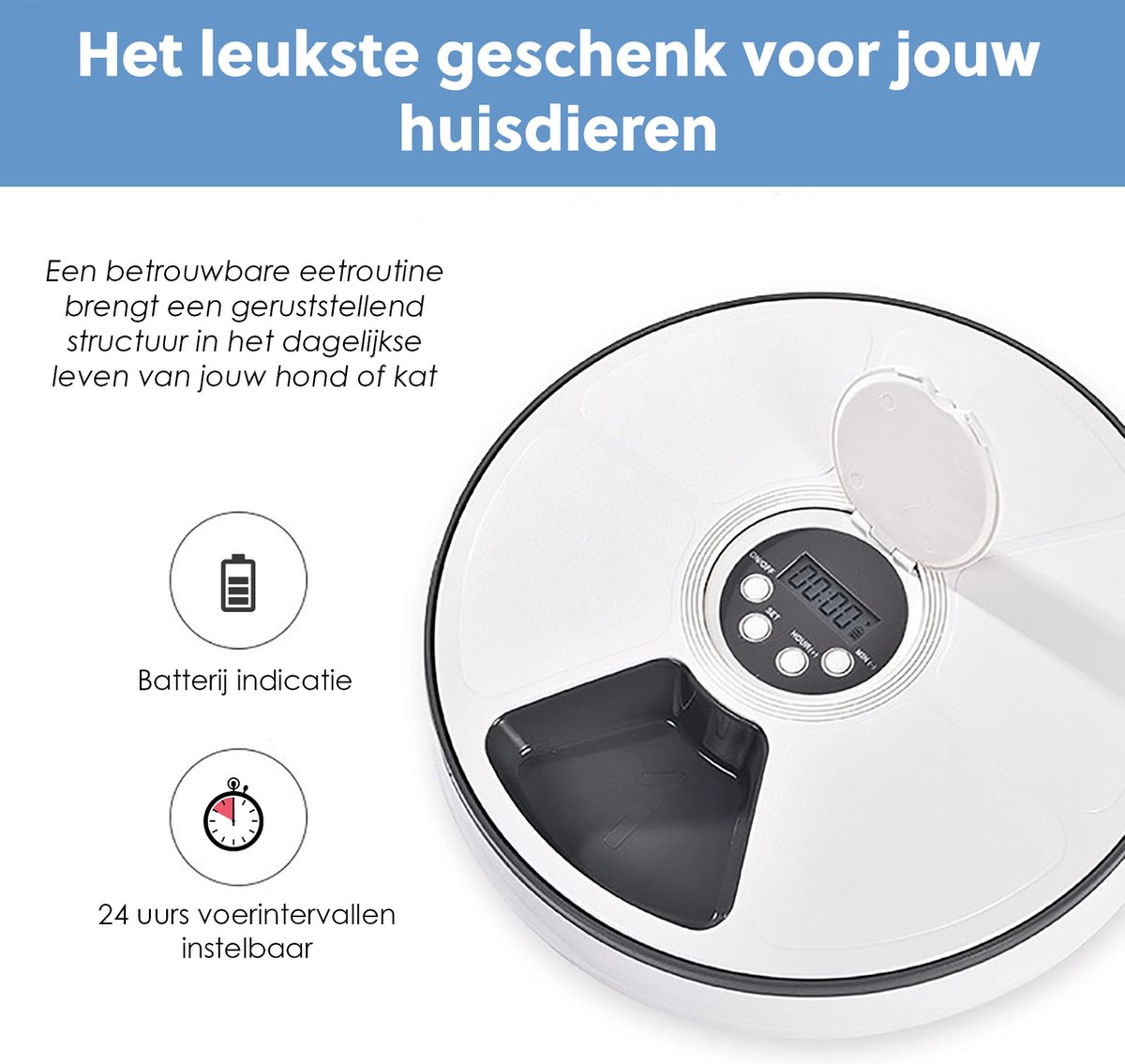 Afbeelding 2 van PetFriends Automatische voerbak voor Hond en Kat - Incl. batterijen - Voerautomaat met 6 compartimenten - 24 uurs Timer - Elektrische voederbak