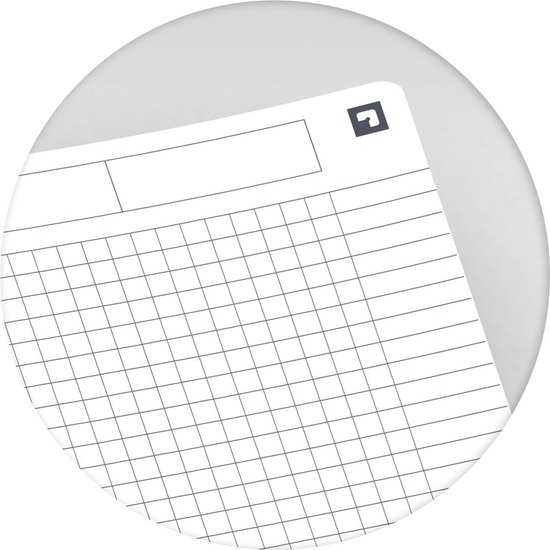 Close-up van een geruit vel papier met een grid van 5 mm, een titelvak en een hoek met een symbool.