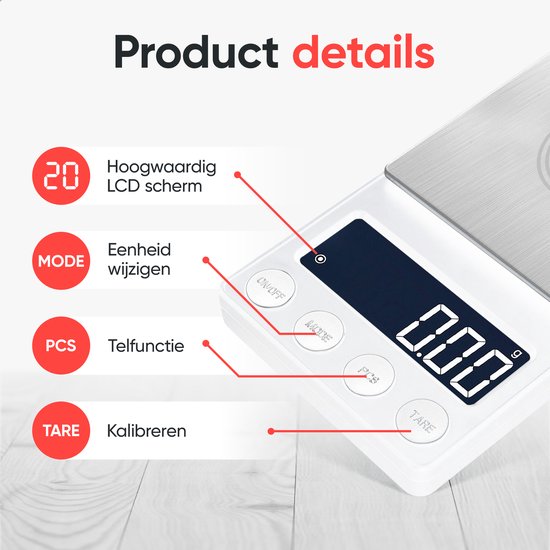 Details van de witte keukenweegschaal: 'Hoogwaardig LCD scherm', 'Eenheid wijzigen', 'Telfunctie', 'Kalibreren'.