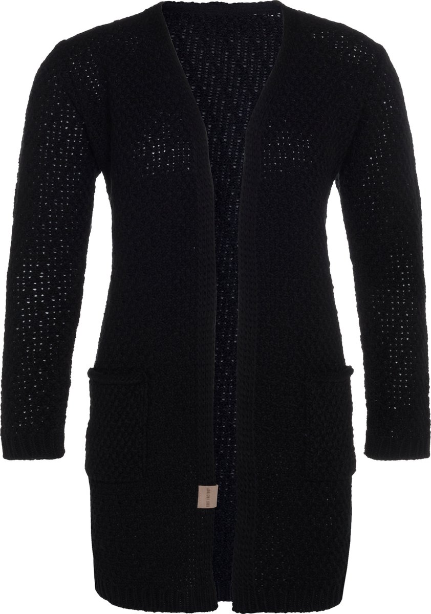 Knit Factory Luna Gebreid Vest Zwart - Gebreide dames cardigan - Middellang vest reikend tot boven de knie - Zwart damesvest gemaakt uit 30% wol en 70% acryl - 40/42 - Met steekzakken